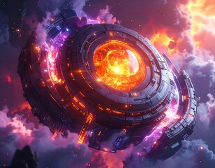 Futuristic circular structure in fiery sky, surrounded by dramatic clouds