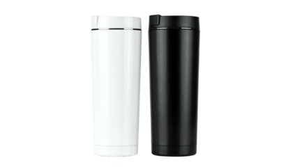 Two sleek, cylindrical insulated travel mugs, one white, one black, against a black background
