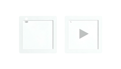 Two white square devices with rounded corners on a black background, one showing a play icon