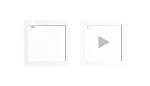 Two white square devices with rounded corners on a black background, one showing a play icon