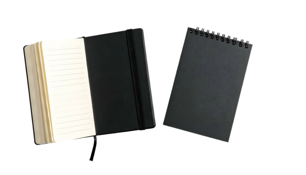 Two notebooks, one open with lined pages, the other closed with a spiral binding