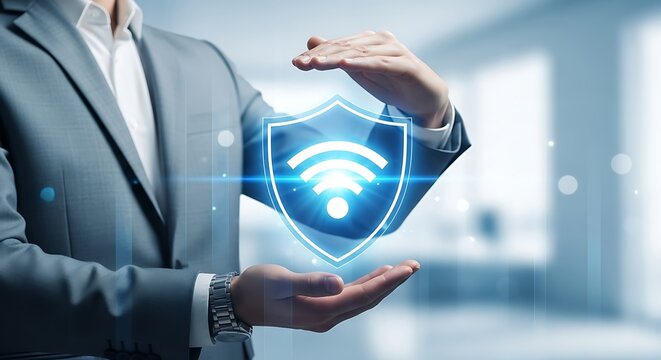 Protecting Your Network Secure Wireless Internet Connection Security Shield Concept with Man in Suit Providing Security for Wireless Signals and Data Transfer