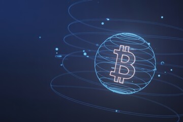Glowing Bitcoin symbol inside a wireframe sphere on a dark blue background representing global finance and network