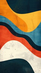 Abstract retro design featuring wavy geometric patterns in vibrant colors. The composition includes orange, blue, red, and white shapes, evoking a mid-century aesthetic.