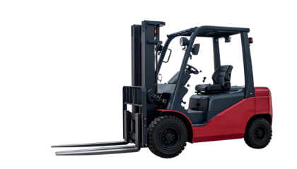A red and gray industrial forklift, isolated against a black background, side view