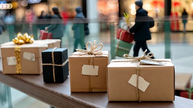 Beautifully wrapped gifts stacked on a wooden railing in a busy shopping mall during the holiday season