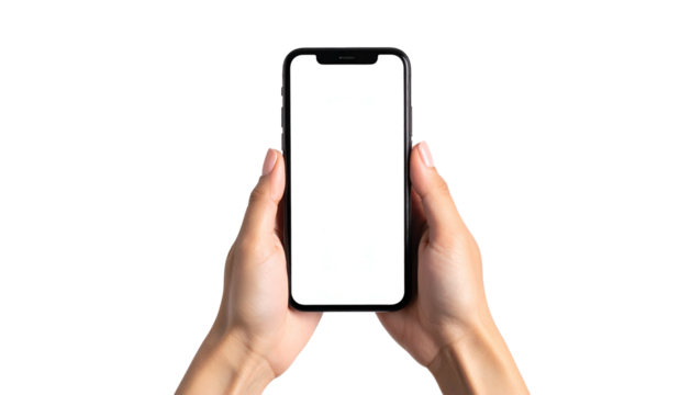 Hands holding a smartphone with a blank white screen against a black background