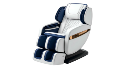 A modern massage chair in white and navy blue with stylish quilted accents and sleek design