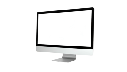 Modern desktop computer angled slightly, showing a blank, bright white screen. Black background