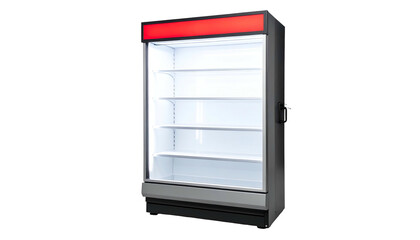 Tall, empty commercial refrigerator with glass door, shelves, and red header lighting, on black background