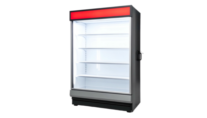 Tall, empty commercial refrigerator with glass door, shelves, and red header lighting, on black background