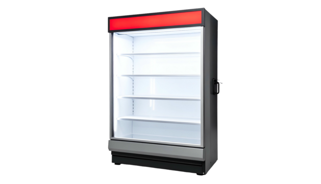 Tall, empty commercial refrigerator with glass door, shelves, and red header lighting, on black background