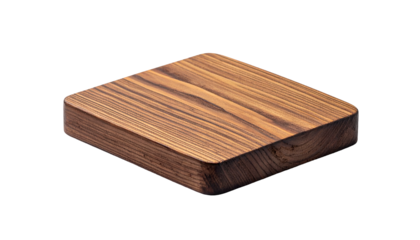 Isolated, medium-brown square cutting board with rounded corners on a pure black background