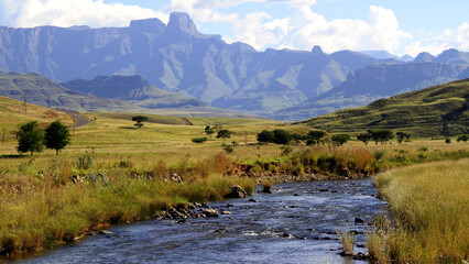 Beautiful view of plains, the Tugela River, and dams with the Drakensberg in the background. KwaZulu-Natal, known for its spectacular views.