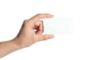 Hand holding a blank, rectangular white card against a black background, showing front