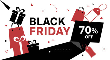 Black Friday 70 off sale banner Ecommerce marketing template with gifts bags and tags