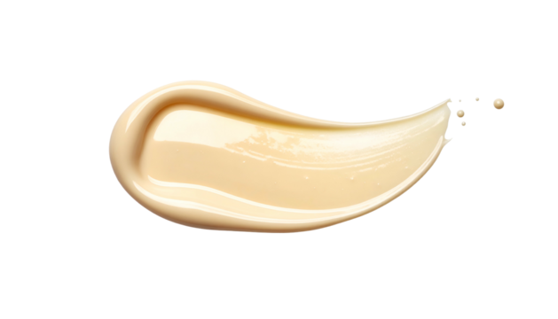 A smooth, beige cosmetic product smear with a shiny, glossy finish on a black background