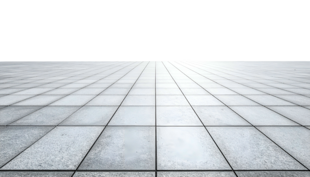 Perspective shot of a tiled, grey floor against a solid black background