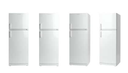 Four white, top-freezer refrigerators, varying angles, against a black background