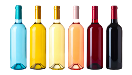 Six wine bottles, each with a different colored liquid, arranged in a row against black background