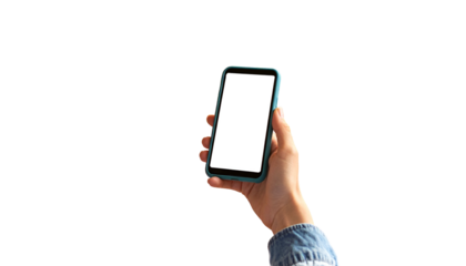 Hand holding a phone with a blank screen against a black background