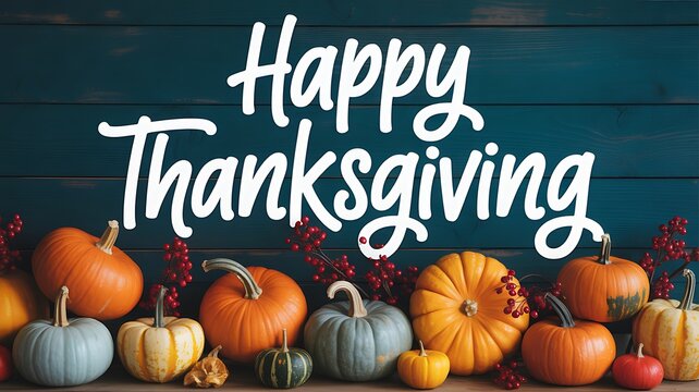 Happy thanksgiving greeting with pumpkins and berries on a rustic wooden background