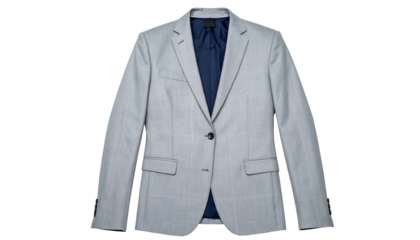 Flat-lay shot of a light gray, plaid blazer with a blue interior