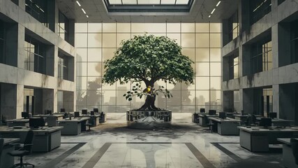 Bird Lands on Tree Grown Inside Abandoned Office Building - Powered by Adobe