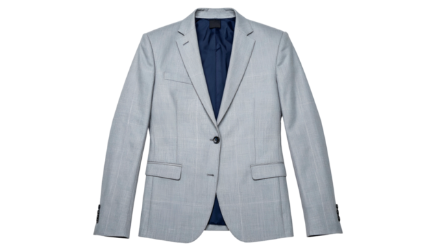 Flat-lay shot of a light gray, plaid blazer with a blue interior
