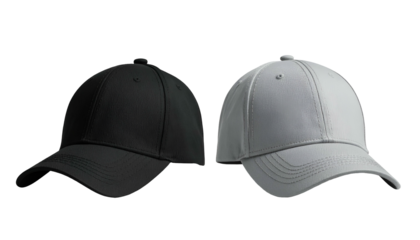Two baseball caps side-by-side, one black and one gray, against a black background