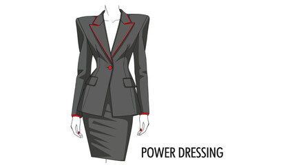 Power Dressing Minimalist Fashion Vector.Minimalist vector of businesswoman outfit with structured blazer and pencil skirt, modern corporate fashion trend with red accent.