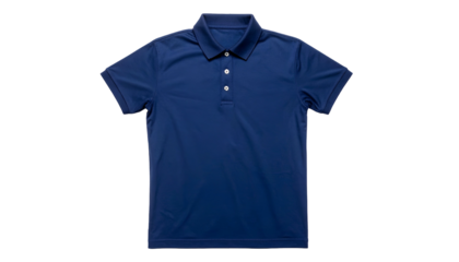A plain, navy blue short-sleeved polo shirt with a collar and three buttons
