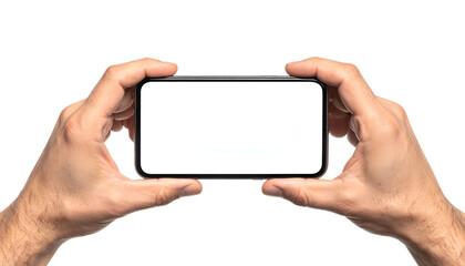 Two hands hold a smartphone horizontally with a blank, bright screen against a black backdrop