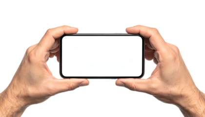 Two hands hold a smartphone horizontally with a blank, bright screen against a black backdrop