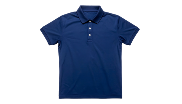 A plain, navy blue short-sleeved polo shirt with a collar and three buttons
