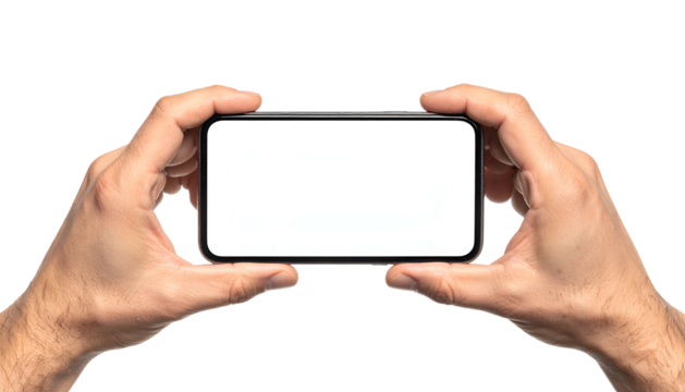 Two hands hold a smartphone horizontally with a blank, bright screen against a black backdrop