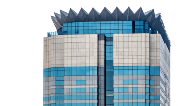 Modern high-rise with a unique, sawtooth-edged rooftop design, blue and white facade - Powered by Adobe