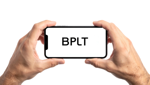 Human hands holding a smartphone horizontally with "BPLT" displayed on the screen