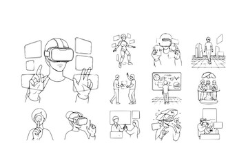 Futuristic Metaverse & Virtual Reality Black Silhouette Line Art: VR Headset User, Floating Data Interaction, and 3D Avatar for Digital Worlds.