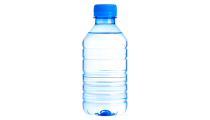 Naklejka premium Transparent plastic water bottle, filled with clear liquid, blue cap, isolated on black background
