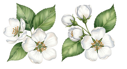 Delicate watercolor painting of apple blossoms with green leaves isolated on white background