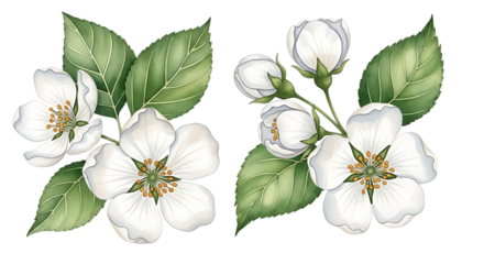 Delicate watercolor painting of apple blossoms with green leaves isolated on white background
