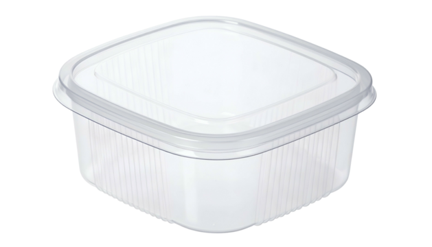 Clear, square, plastic food container with a clear lid, sitting on a black background