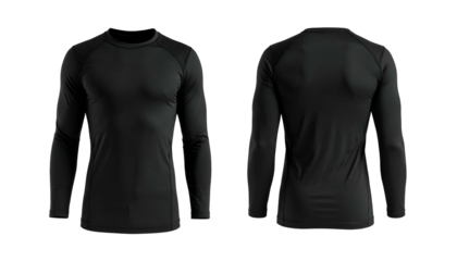 Front and back view of a black, form-fitting long-sleeved athletic shirt on a dark backdrop