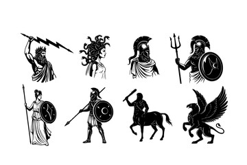 Ancient Greek Mythology Black Silhouette Set: Zeus, Gorgon, Poseidon, and Spartan Warrior Detailed Profiles for History and Educational Content.
