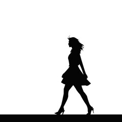 Silhouette of woman walking in high heels on white background. Female figure in dress, fashion model outline and stylish lady walking alone vector illustration design