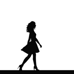 Stylish woman silhouette walking in dress and heels. Female fashion vector, beauty and confidence concept in black and white. Modern lady design illustration