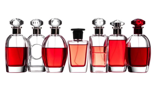 Seven elegant perfume bottles of varying shapes and colors arranged in a row, isolated on black