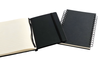 Trio of notebooks one open with lines, a closed one with a band, and a spiral bound book