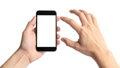 Person holding a phone with blank screen, fingers spread to the side